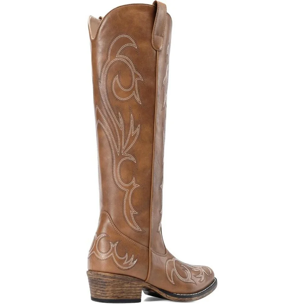Womens Faux Leather Brown Knee High Chunky Heel Side Zipper Embroidered Boots